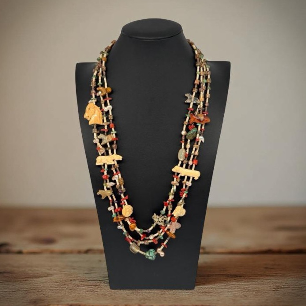 Fetish Necklace Vintage 4 Strand Carved Animals Coral Turquoise 30” AMAZING